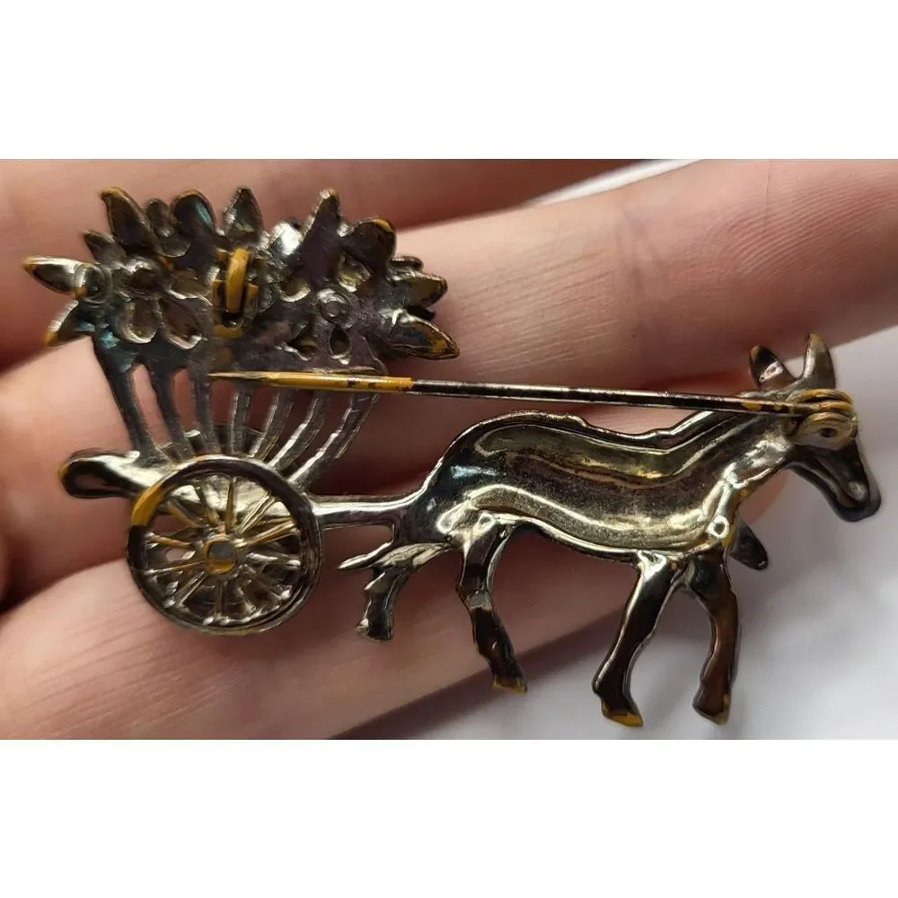 Vintage Brooch Donkey Pulling Wagon Of Flowers 2